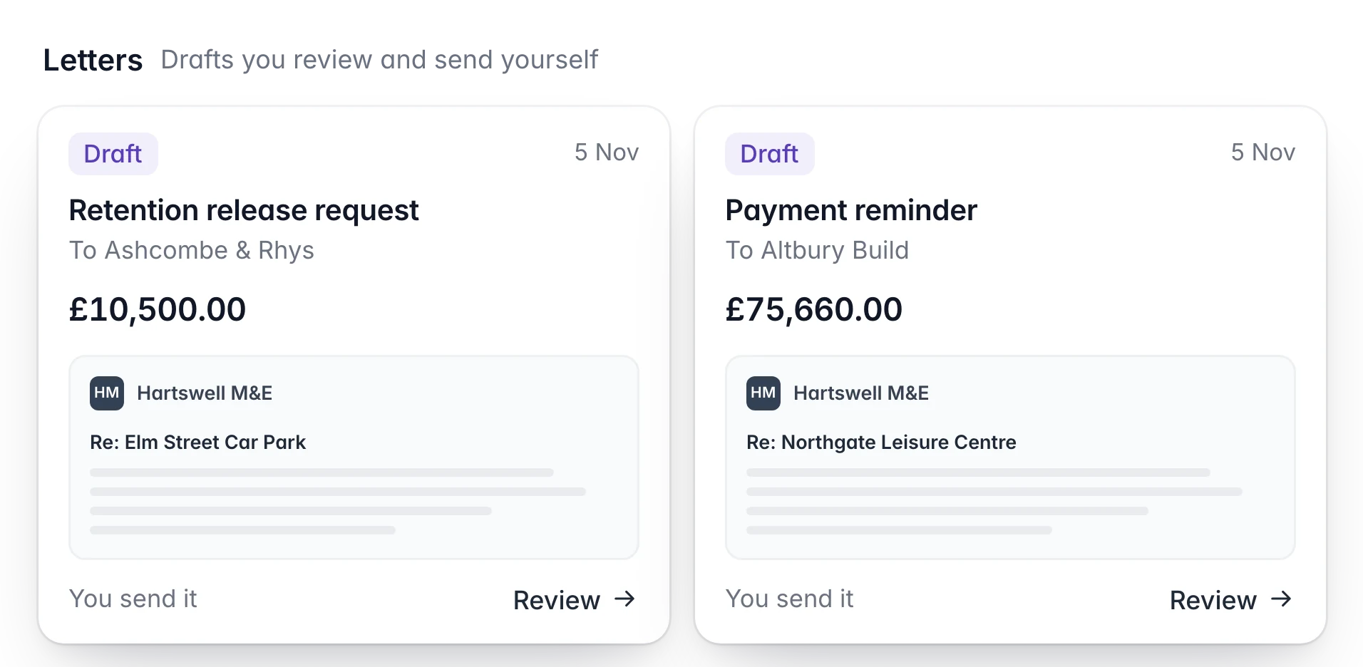 Two letter drafts: a retention release request and a payment reminder, each with its recipient and amount