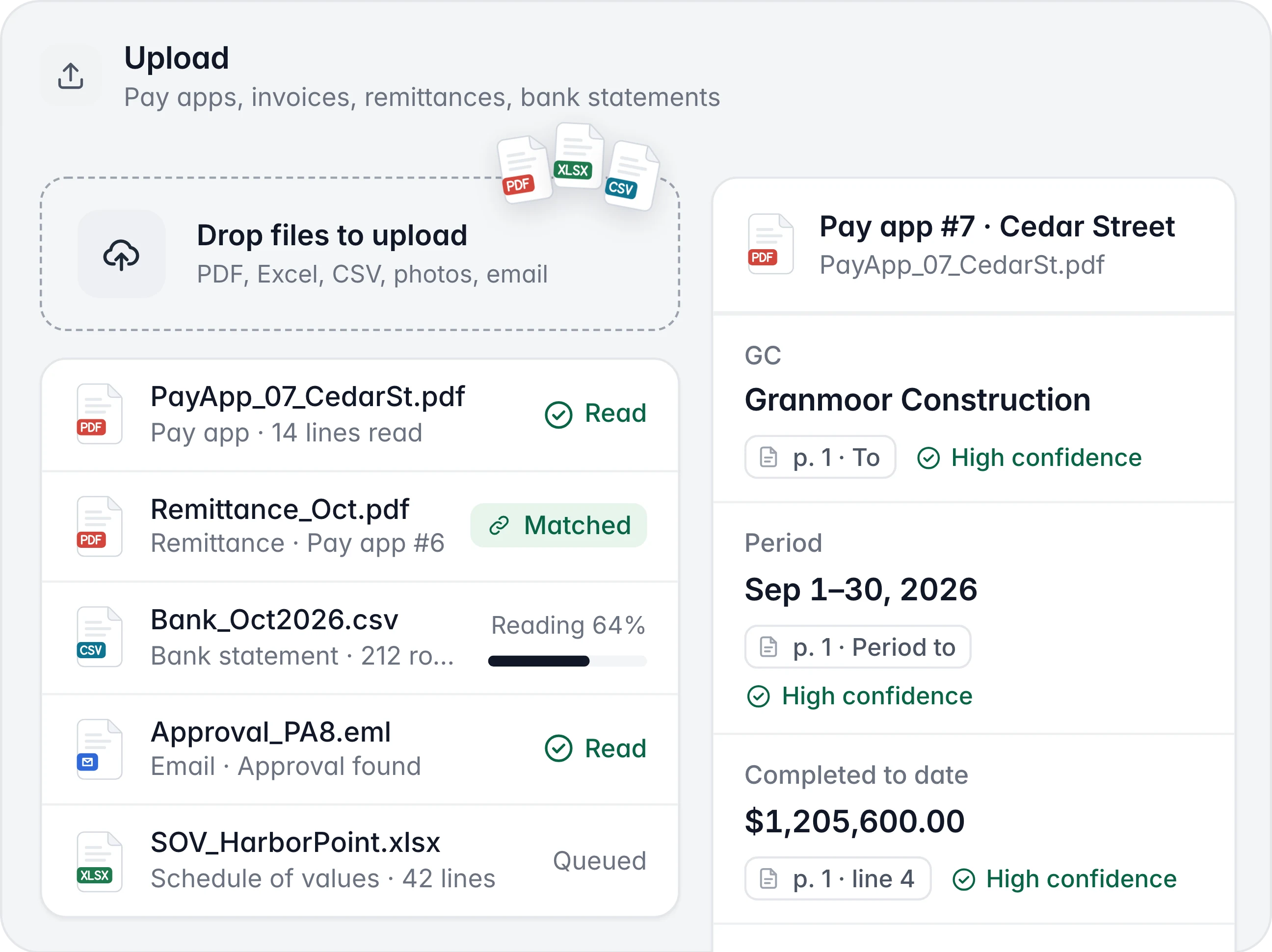 Upload screen: a pay app, a remittance, a bank statement and an approval email being read, beside the fields read from pay app #7, each with its source page